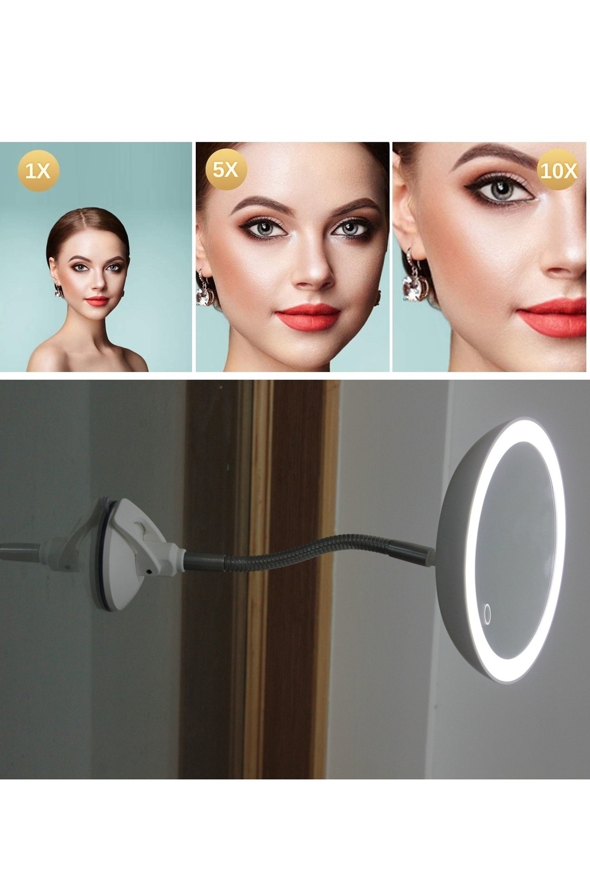 Şerit LED Işıklı Banyo Makyaj - Tıraş Aynası, 10X HD ZOOM, Esnek Boyun, Dokunmatik Parlaklık Ayarı