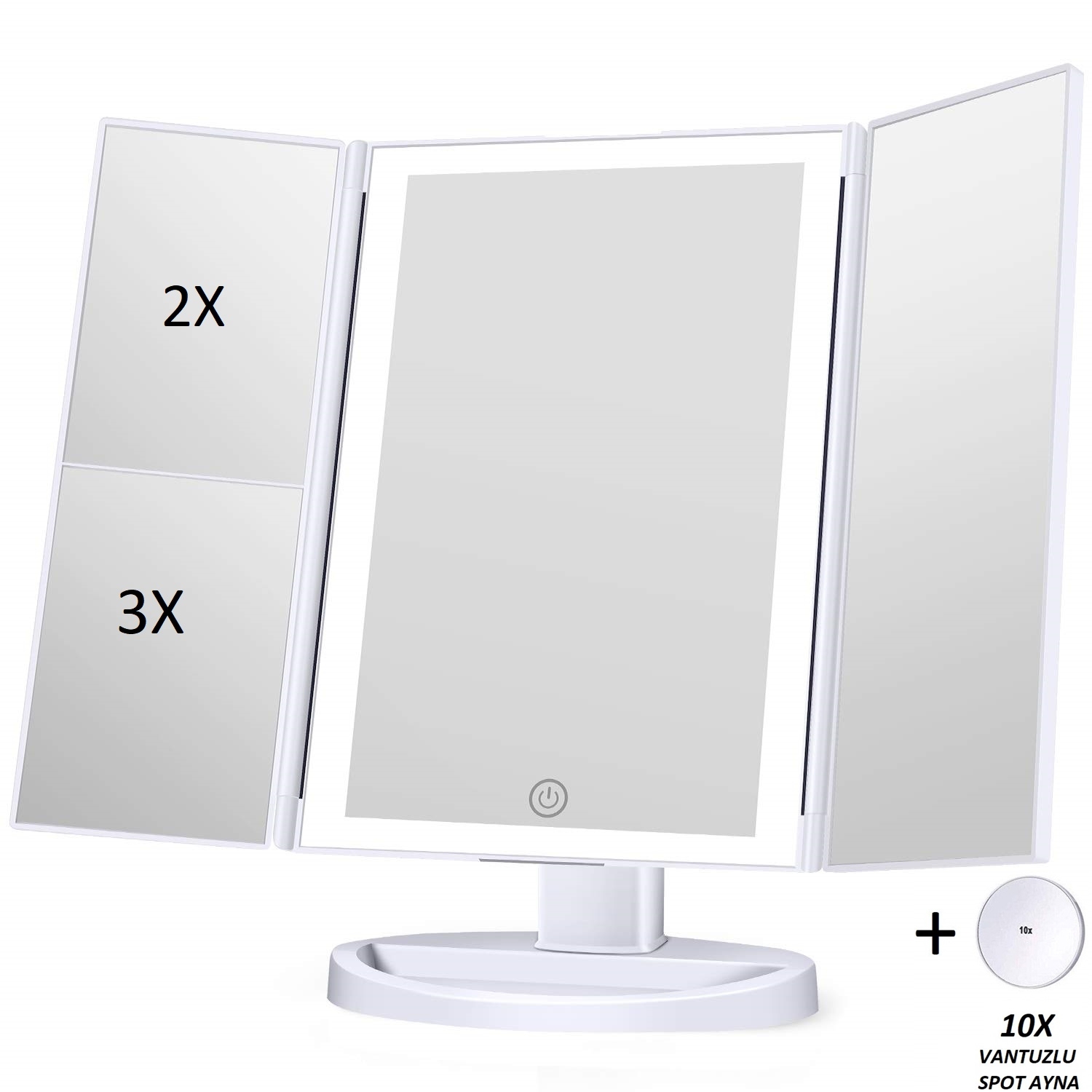 1X-2X-3X+10X HD ZOOM 37 Şerit LED Işıklı Makyaj Aynası, 3 Panel, Katlanabilir, Dokunmatik Parlaklık Ayarı (Beyaz)