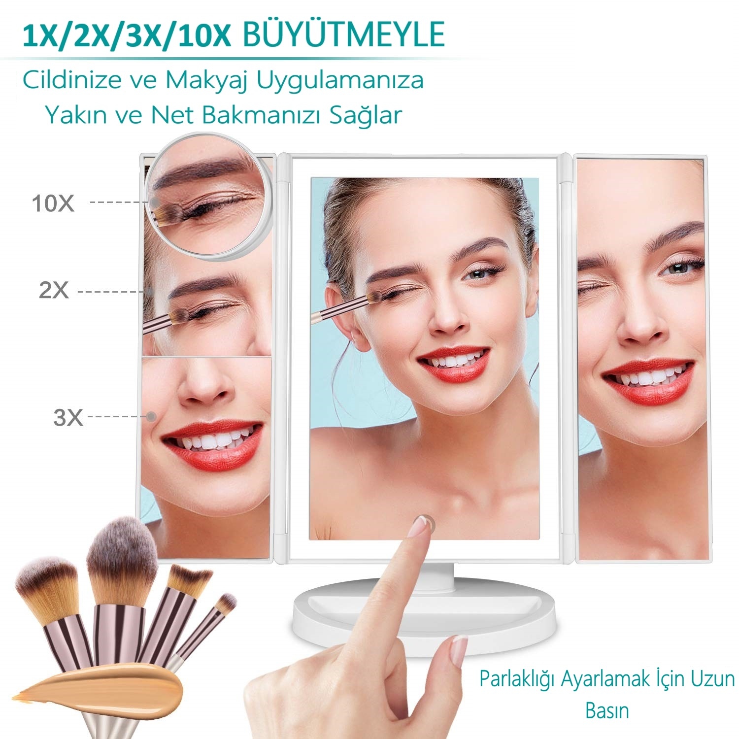 1X-2X-3X+10X HD ZOOM 37 Şerit LED Işıklı Makyaj Aynası, 3 Panel, Katlanabilir, Dokunmatik Parlaklık Ayarı (Beyaz)