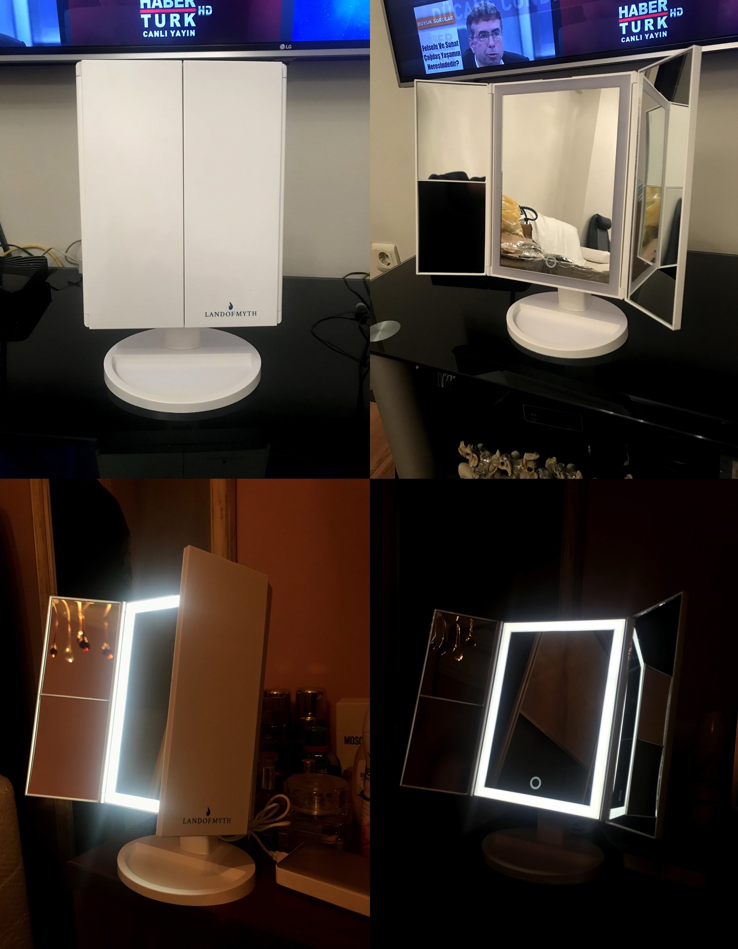 1X-2X-3X+10X HD ZOOM 37 Şerit LED Işıklı Makyaj Aynası, 3 Panel, Katlanabilir, Dokunmatik Parlaklık Ayarı (Beyaz)