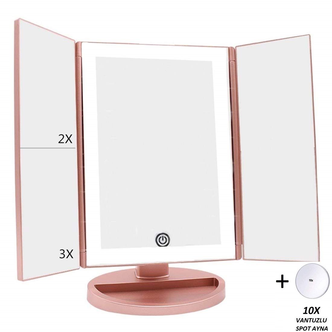 1X-2X-3X+10X HD ZOOM Rose Gold 37 Şerit LED Işıklı Makyaj Aynası, 3 Panel, Katlanabilir, Dokunmatik Parlaklık Ayarı (R. Gold)