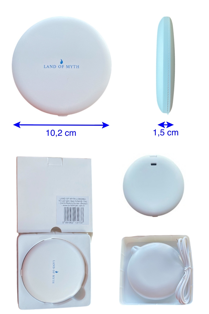 LOM2062- 16 Led Işıklı 1X-5X Şarj Edilebilir Cep - Çanta Makyaj Aynası (Beyaz) 