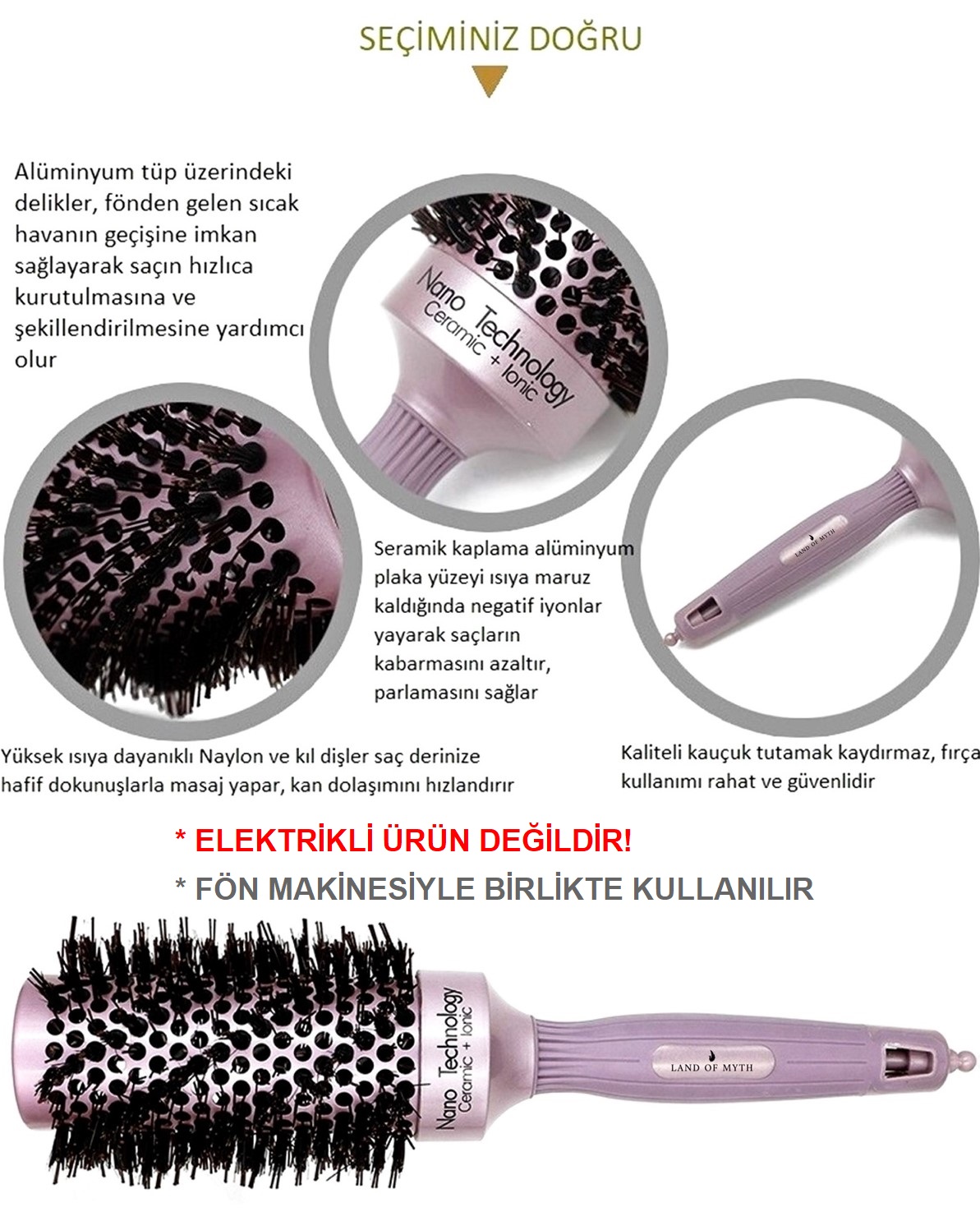 43mm Nano Teknoloji Seramik + İyonik Termal Fön Saç Fırçası, Doğal Kıl Diş, Profesyonel Seri -LOM1183