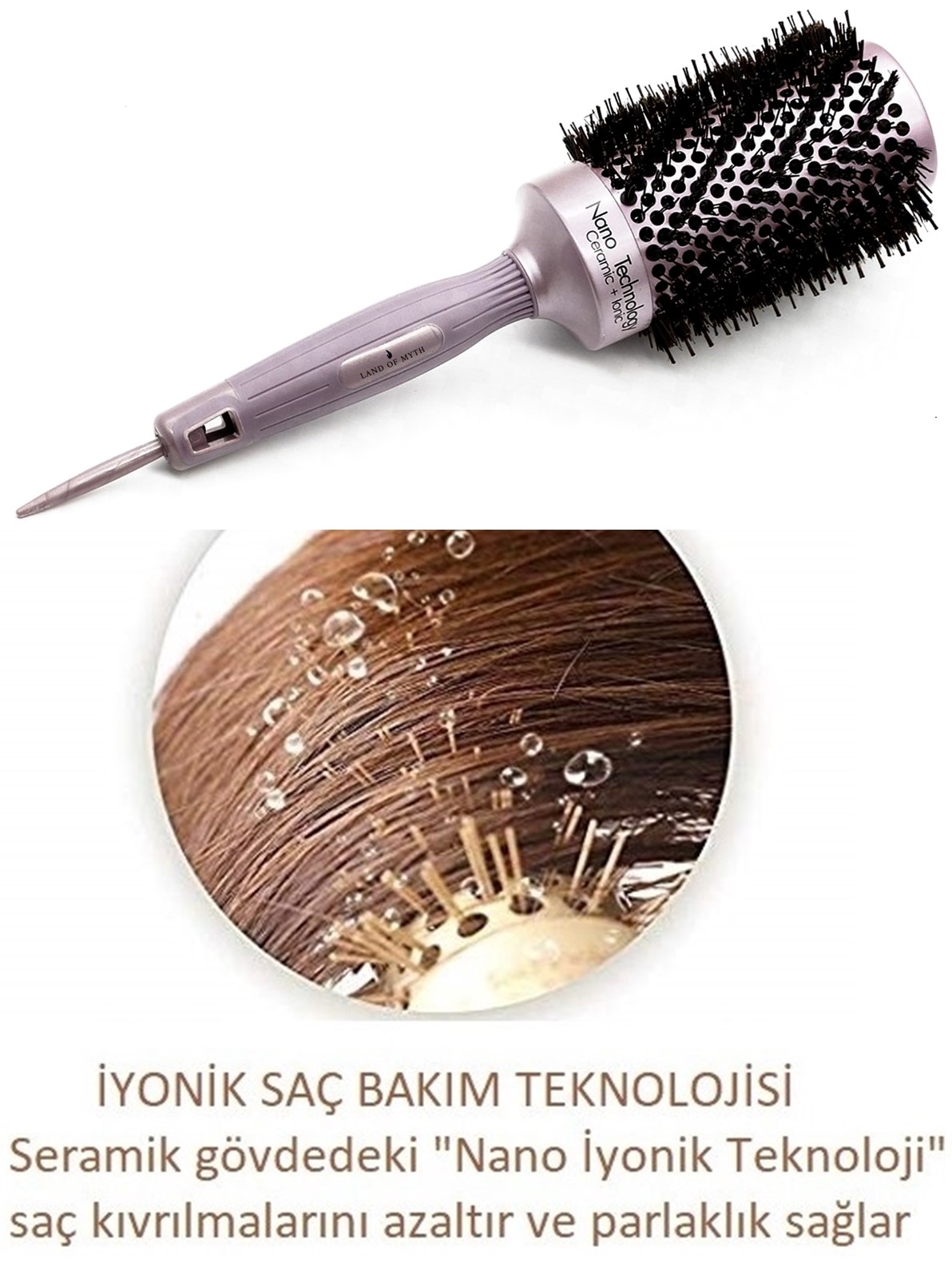 43mm Nano Teknoloji Seramik + İyonik Termal Fön Saç Fırçası, Doğal Kıl Diş, Profesyonel Seri -LOM1183