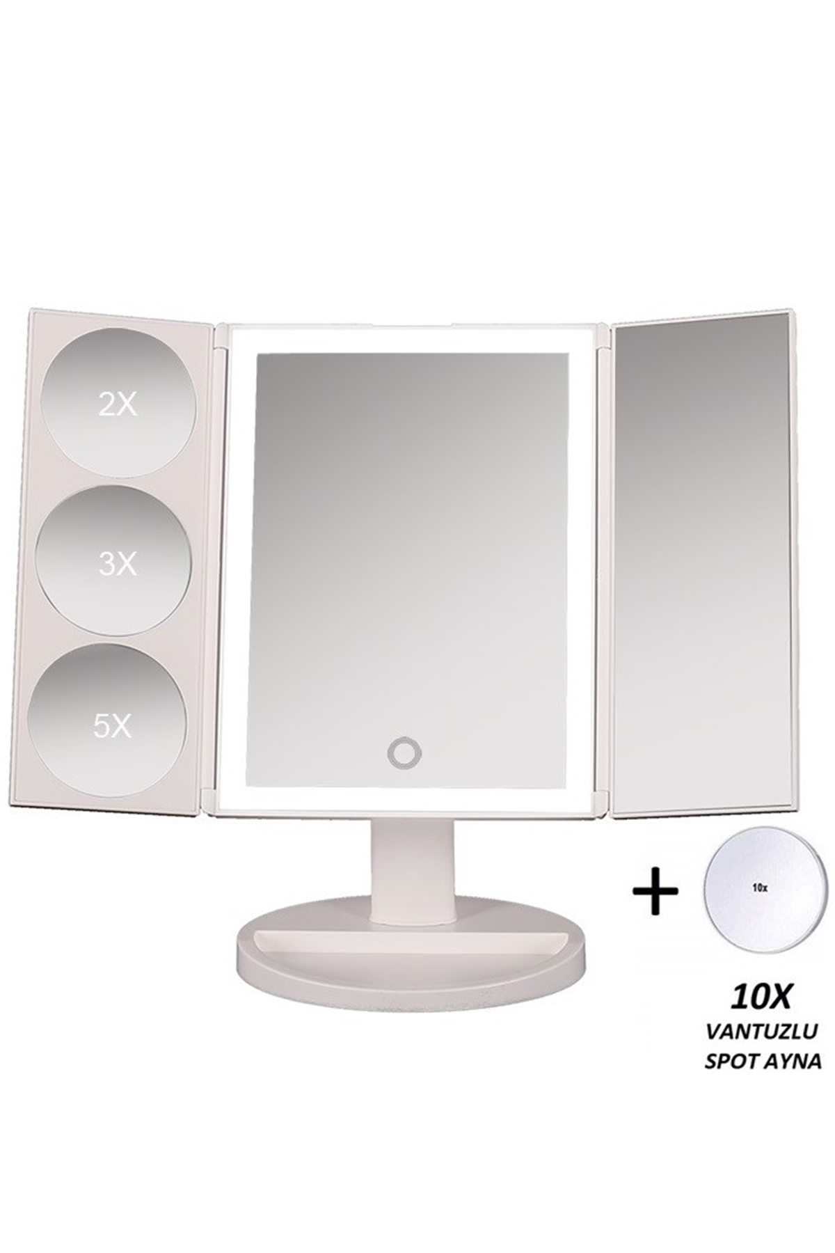 1X-2X-3X-5X +10X ZOOM 37 Şerit LED Işıklı Makyaj Aynası, 3 Panel, Katlanabilir, Dokunmatik Parlaklık Ayarı (Beyaz)