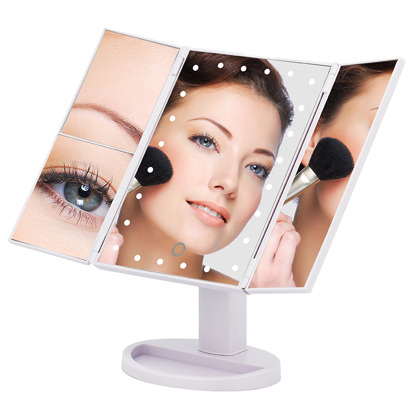 24 LED Işıklı Makyaj Aynası, 1X-2X-3X+10X HD ZOOM, 3 Panel, Katlanabilir, Dokunmatik Sensörlü (Beyaz)