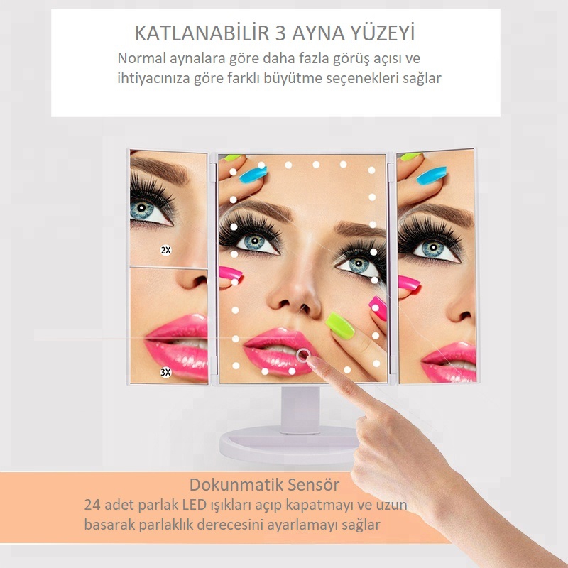 24 LED Işıklı Makyaj Aynası, 1X-2X-3X+10X HD ZOOM, 3 Panel, Katlanabilir, Dokunmatik Sensörlü (Beyaz)