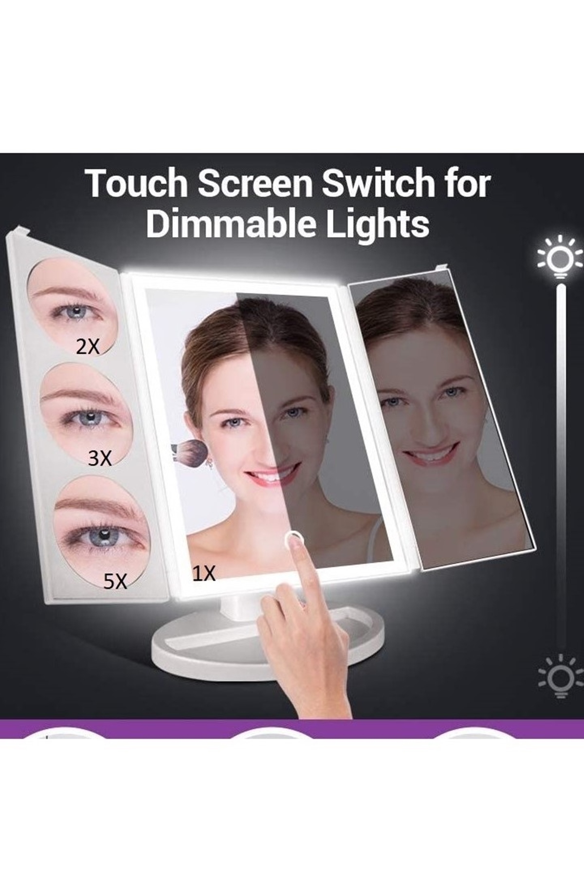 1X-2X-3X-5X +10X ZOOM 37 Şerit LED Işıklı Makyaj Aynası, 3 Panel, Katlanabilir, Dokunmatik Parlaklık Ayarı (Beyaz)