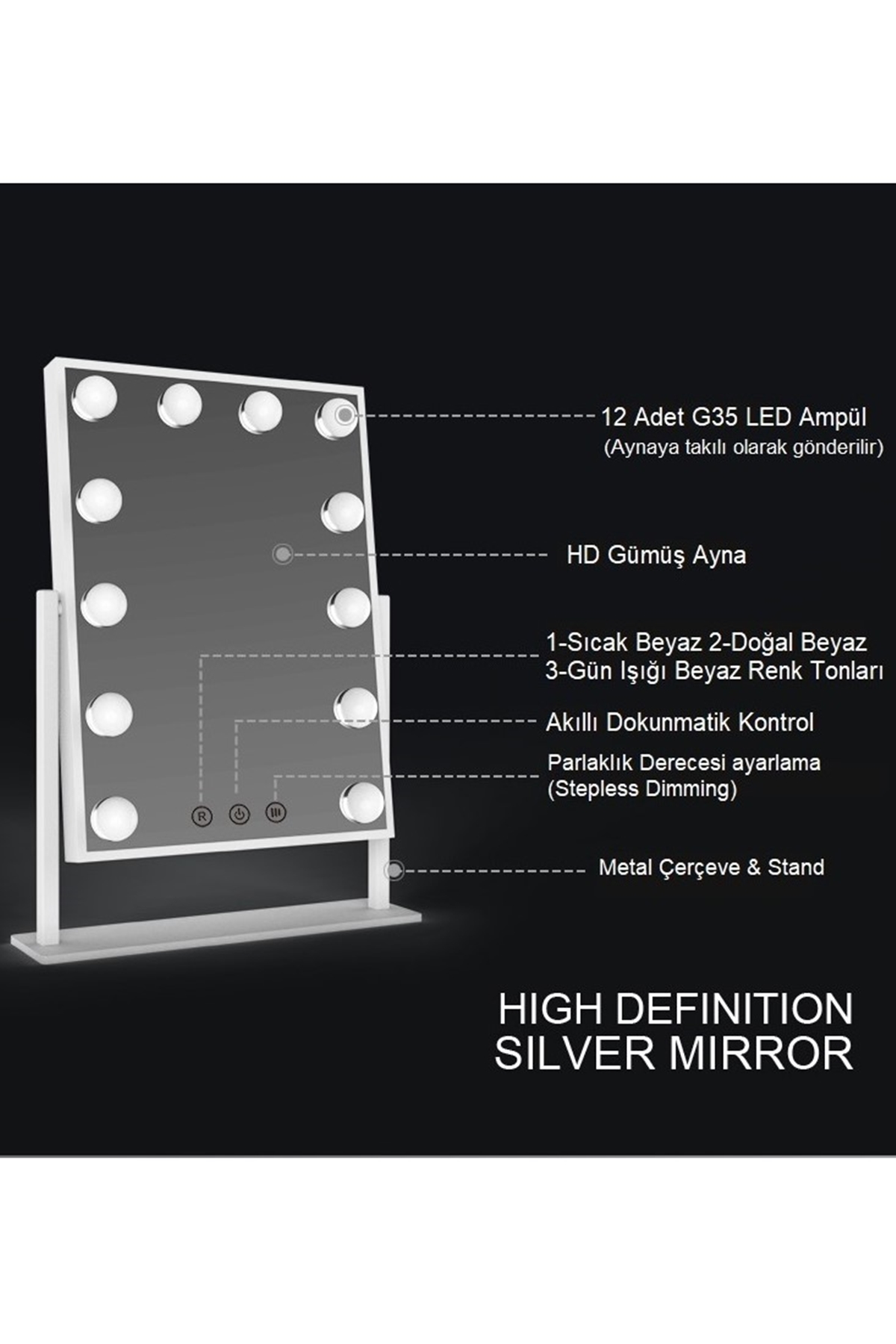 LOM2086 Hollywood Style 3 Renk Led Işıklı Makyaj Aynası, Dokunmatik, 360° Döner Metal Çerçeve (Siyah)