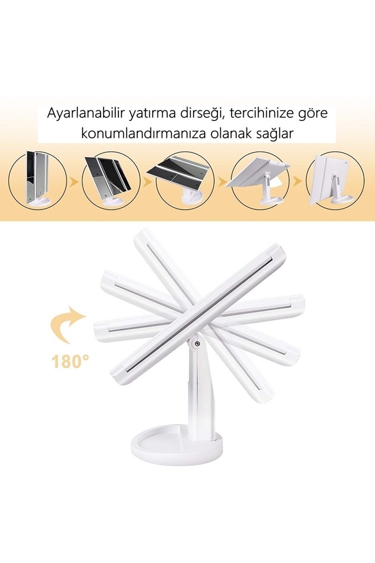 1X-2X-3X-5X +10X ZOOM 37 Şerit LED Işıklı Makyaj Aynası, 3 Panel, Katlanabilir, Dokunmatik Parlaklık Ayarı (Beyaz)
