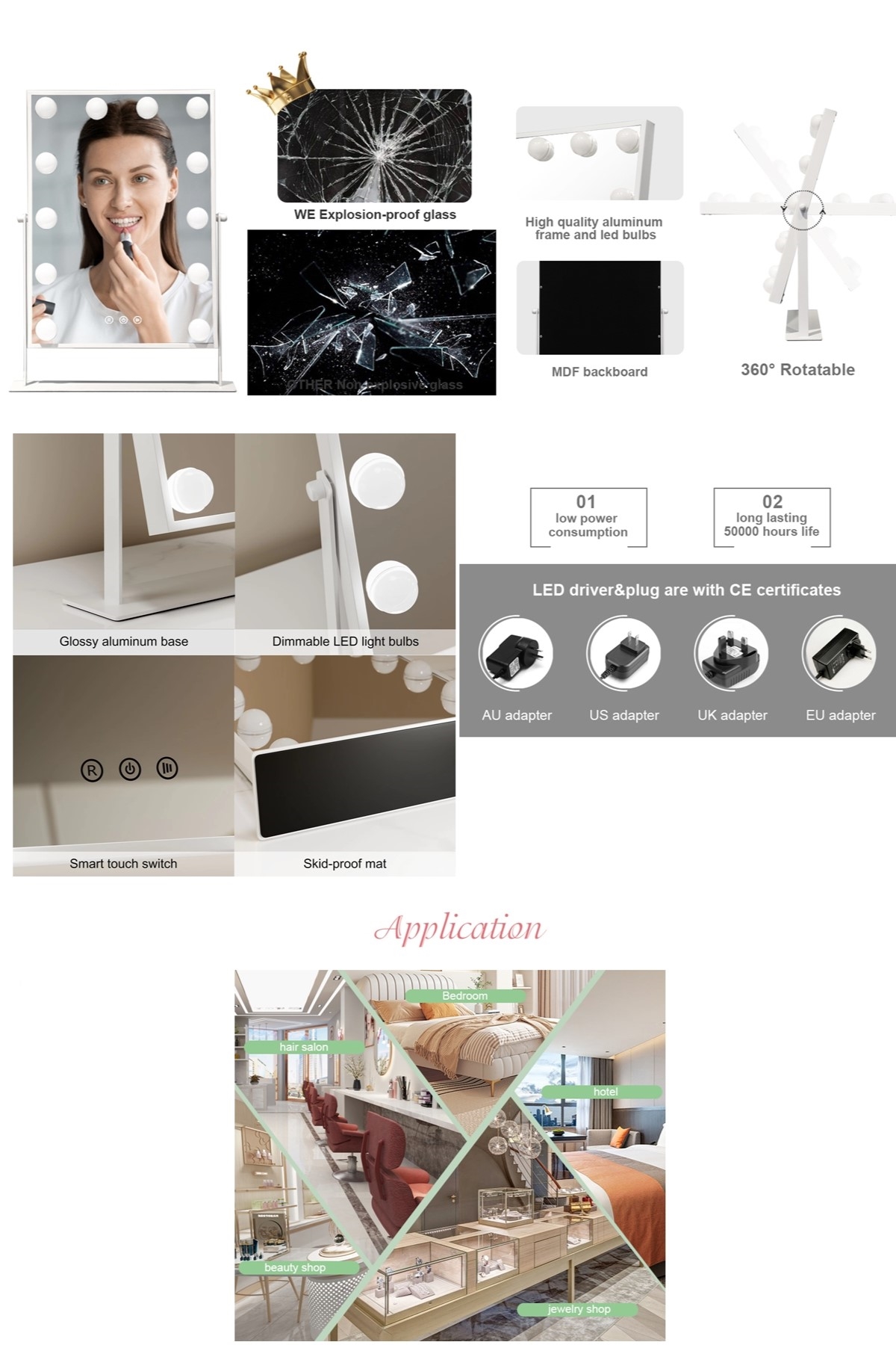LOM2087 Hollywood Style 3 Renk Led Işıklı Makyaj Aynası, Dokunmatik, 360° Döner Metal Çerçeve (R. Gold)