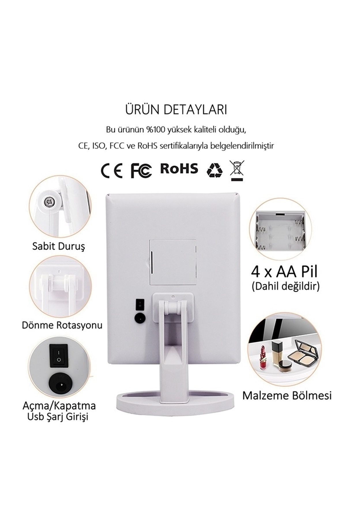 1X-2X-3X-5X +10X ZOOM 37 Şerit LED Işıklı Makyaj Aynası, 3 Panel, Katlanabilir, Dokunmatik Parlaklık Ayarı (Beyaz)