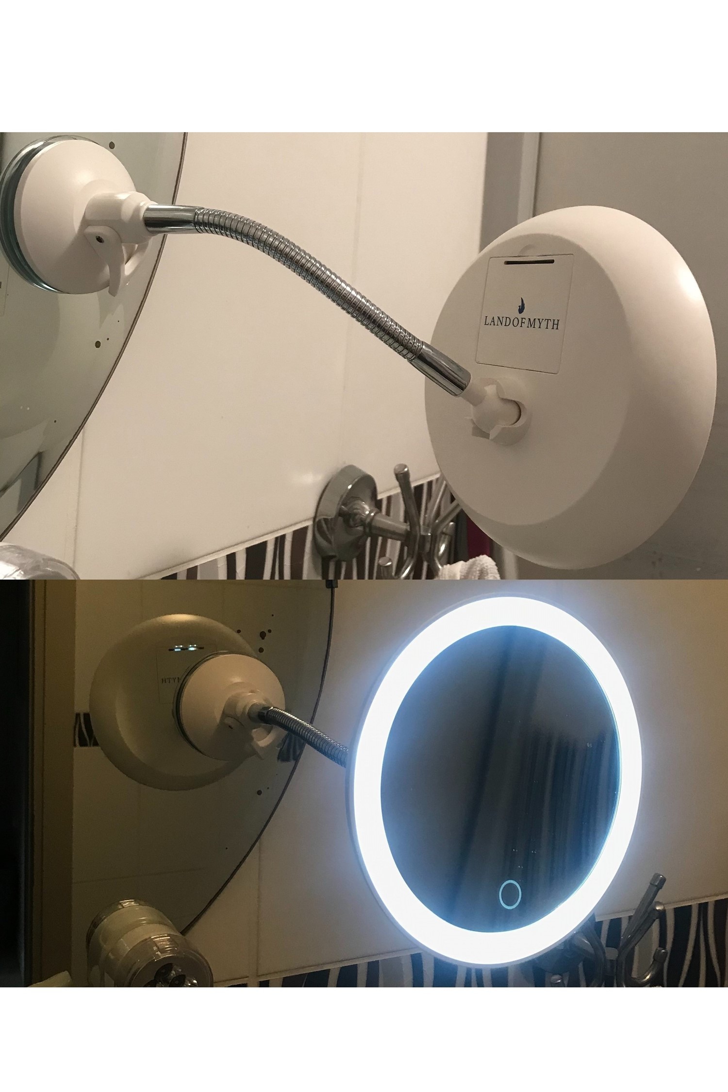 Şerit LED Işıklı Banyo Makyaj - Tıraş Aynası, 10X HD ZOOM, Esnek Boyun, Dokunmatik Parlaklık Ayarı