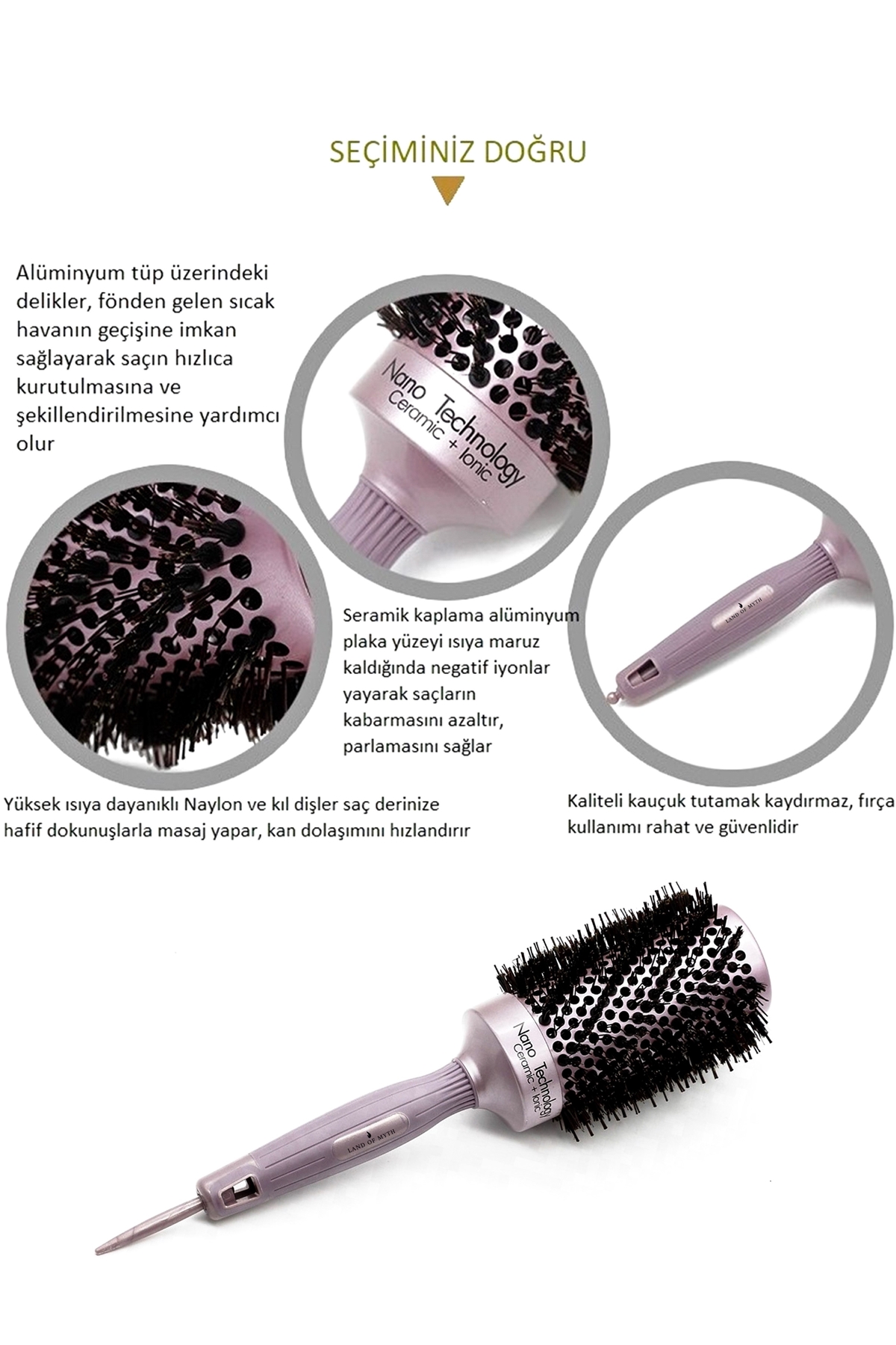 53mm Nano Teknoloji Seramik + İyonik Termal Fön Saç Fırçası, Doğal Kıl Diş, Profesyonel Seri -LOM1184