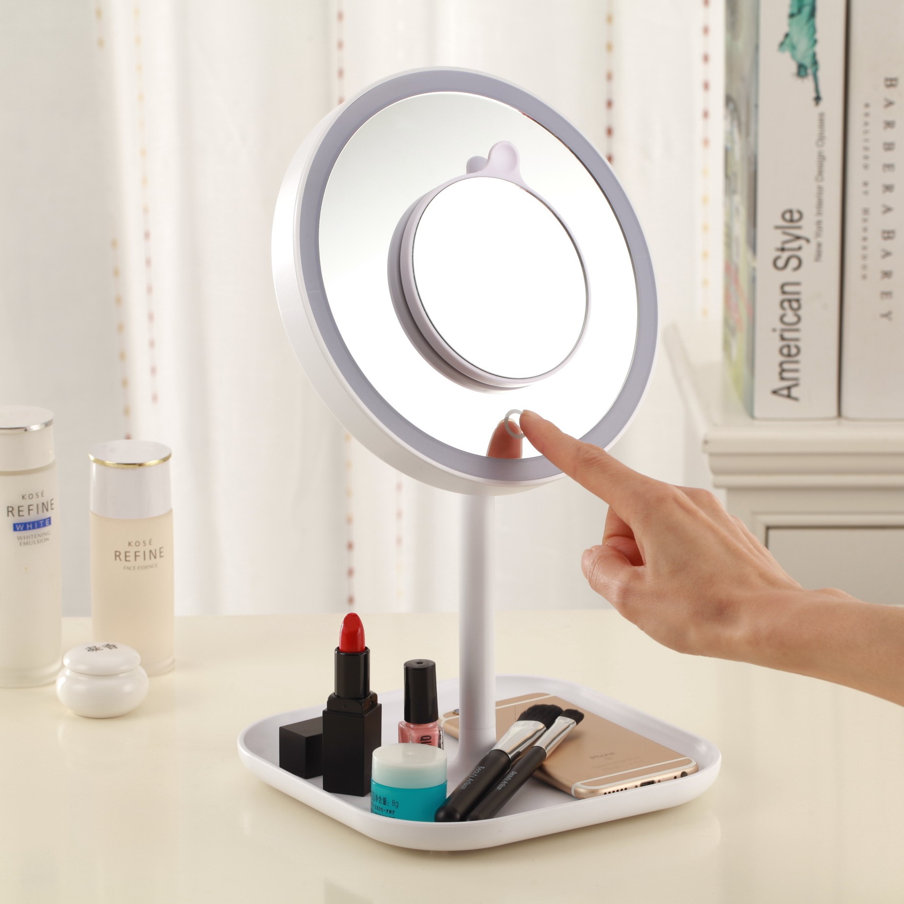 1X+5X ZOOM 23 LED Işıklı Makyaj Aynası, 360° Döner, Dokunmatik Sensörlü, Kablolu – Kablosuz Kullanım