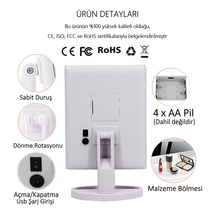 1X-2X-3X+10X HD ZOOM 37 Şerit LED Işıklı Makyaj Aynası, 3 Panel, Katlanabilir, Dokunmatik Parlaklık Ayarı (Beyaz)