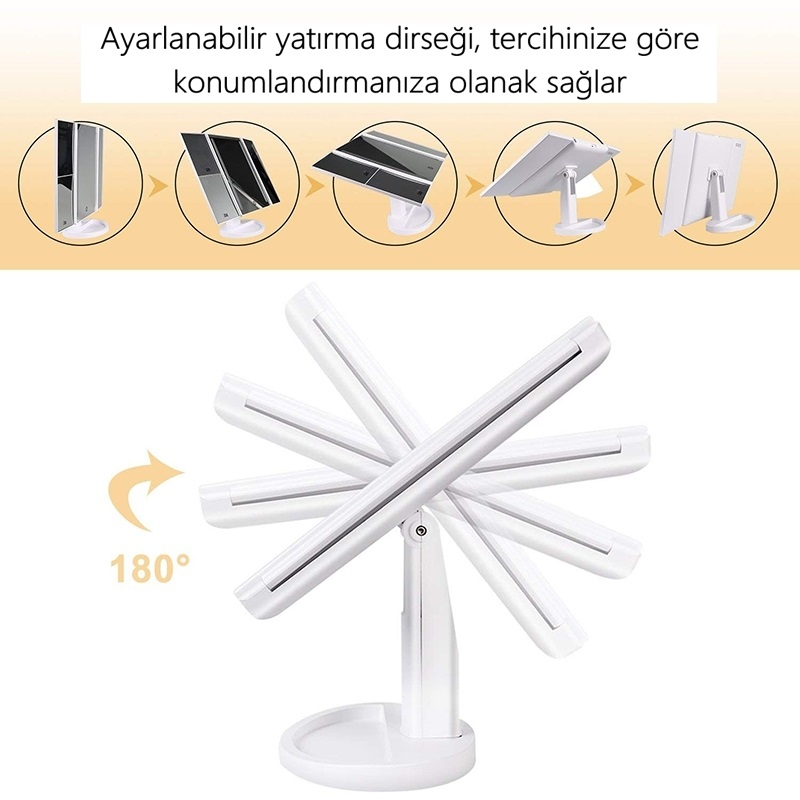 24 LED Işıklı Makyaj Aynası, 1X-2X-3X+10X HD ZOOM, 3 Panel, Katlanabilir, Dokunmatik Sensörlü (Siyah)