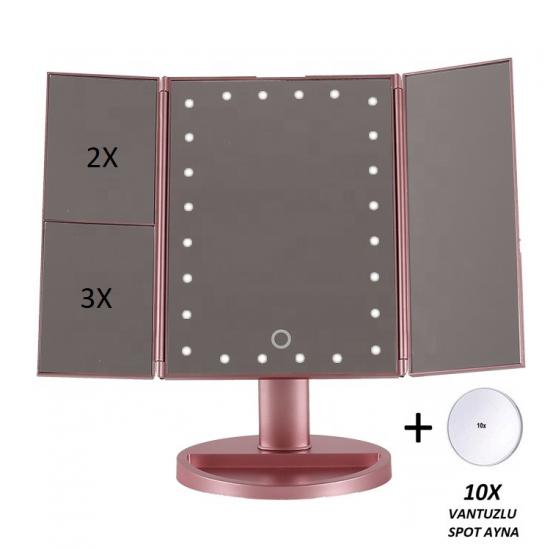 24 LED Işıklı Makyaj Aynası, 1X-2X-3X+10X HD ZOOM, 3 Panel, Dokunmatik Işık Kısma - Artırma (R.Gold)