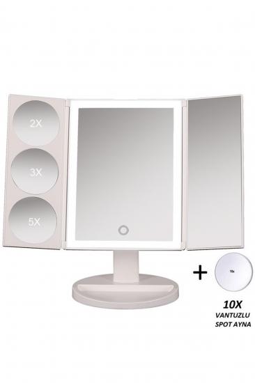 1X-2X-3X-5X +10X ZOOM 37 Şerit LED Işıklı Makyaj Aynası, 3 Panel, Katlanabilir, Dokunmatik (Beyaz)